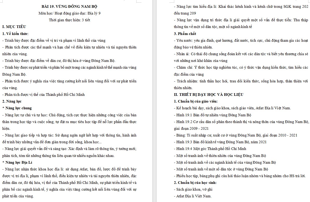 KHBD Địa lí 9 CTST Bài 19: Vùng Đông Nam Bộ