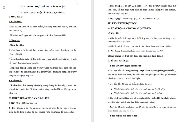 Giáo án Toán 6 Tấm thiệp và phòng học của em