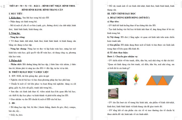 Giáo án Toán 6 Bài 2: Hình chữ nhật - Hình thoi - Hình bình hành - Hình thang cân