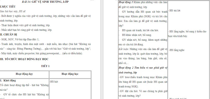 Giáo án Đạo đức 1 Giữ vệ sinh trường, lớp