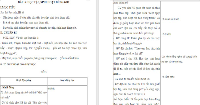 Giáo án Đạo đức 1 Học tập, sinh hoạt đúng giờ