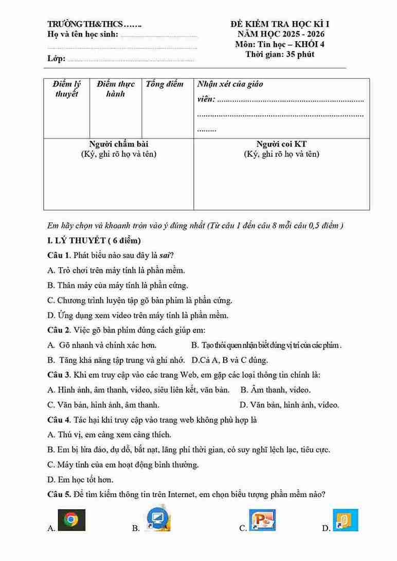 De thi tin hoc lop 4 hoc ki 1 KNTT 1*850029