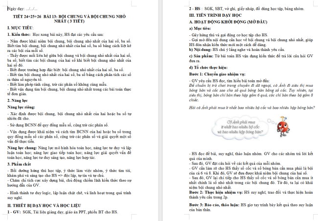 Giáo án Toán 6 Bài 13: Bội chung và bội chung nhỏ nhất