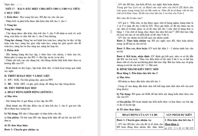 Giáo án Toán 6 Bài 9: Dấu hiệu chia hết cho 3, cho 9