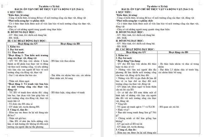 Giáo án Tự nhiên và xã hội 2 Bài 20: Ôn tập chủ đề Thực vật và động vật
