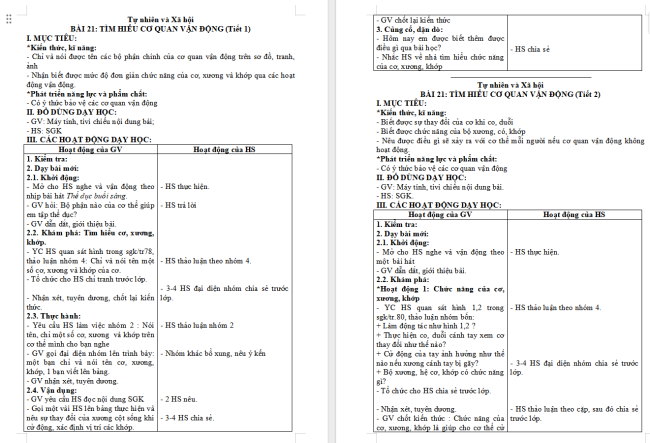 Giáo án Tự nhiên và xã hội 2 Bài 21: Tìm hiểu cơ quan vận động