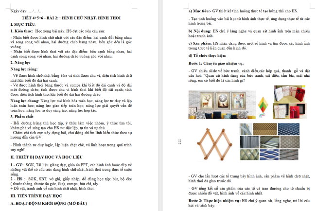 Giáo án Toán 6 Bài 2: Hình chữ nhật. Hình thoi