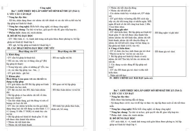 Giáo án Công nghệ 4 Bài 7: Giới thiệu bộ lắp ghép mô hình kĩ thuật