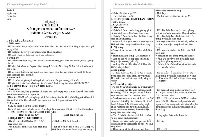 Giáo án Mĩ thuật 4 Chủ đề 1: Vẻ đẹp trong điêu khắc đình làng Việt Nam