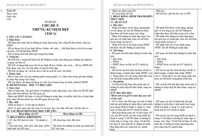 Giáo án Mĩ thuật 4 Chủ đề 5: Những kỉ niệm đẹp