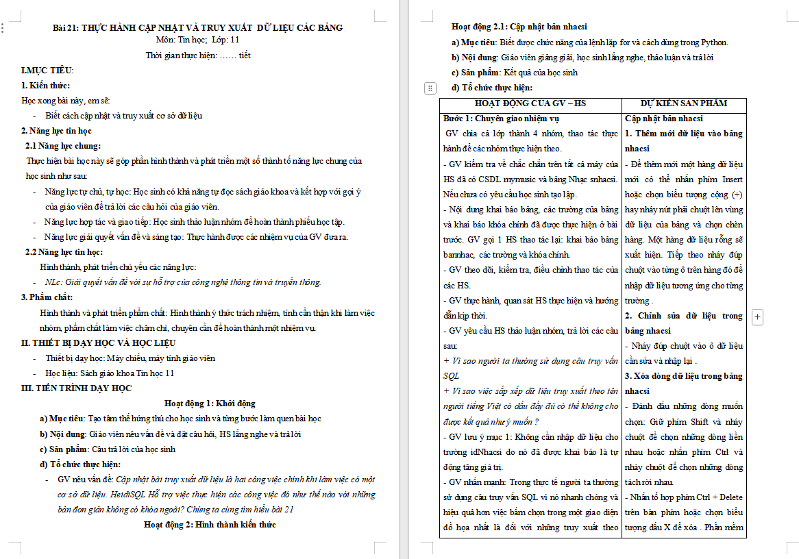 Thực hành cập nhật và truy xuất dữ liệu các bảng