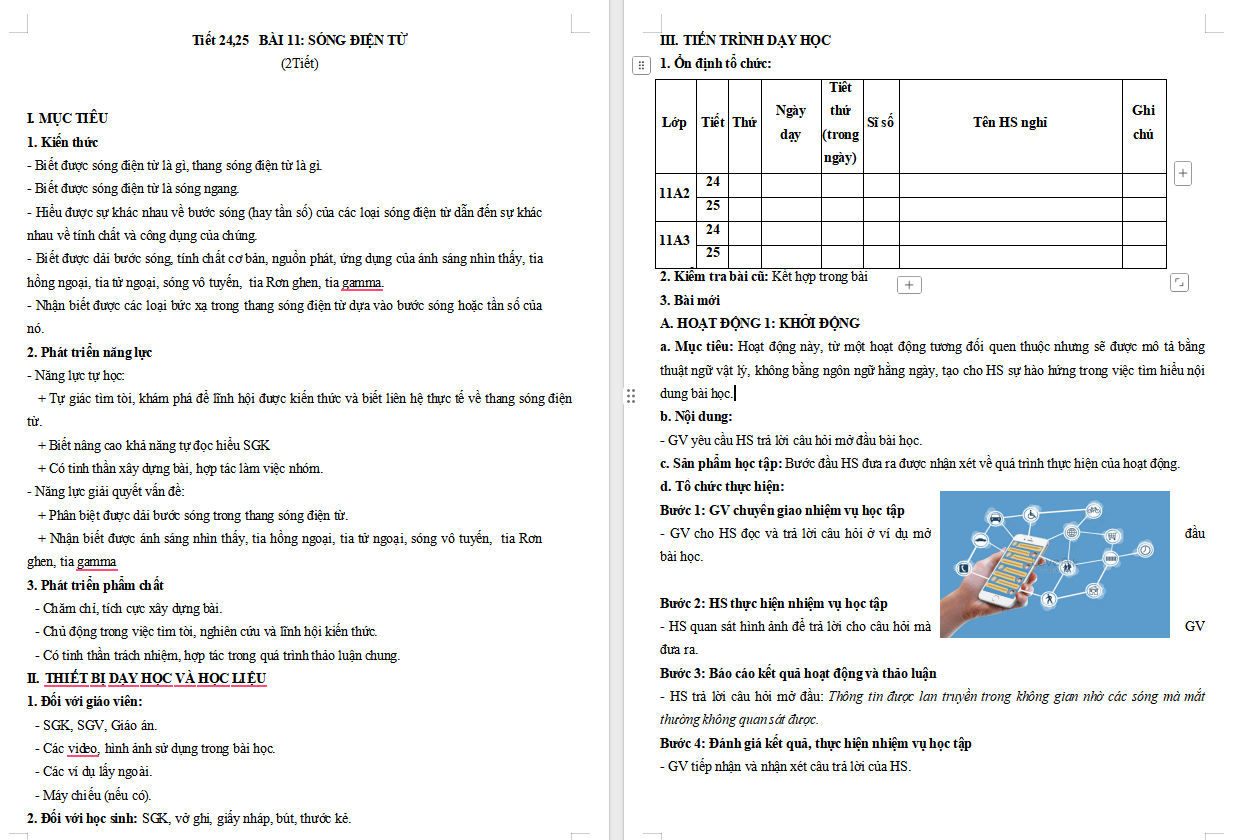 Giáo án Vật lí 11 Bài 11: Sóng điện từ