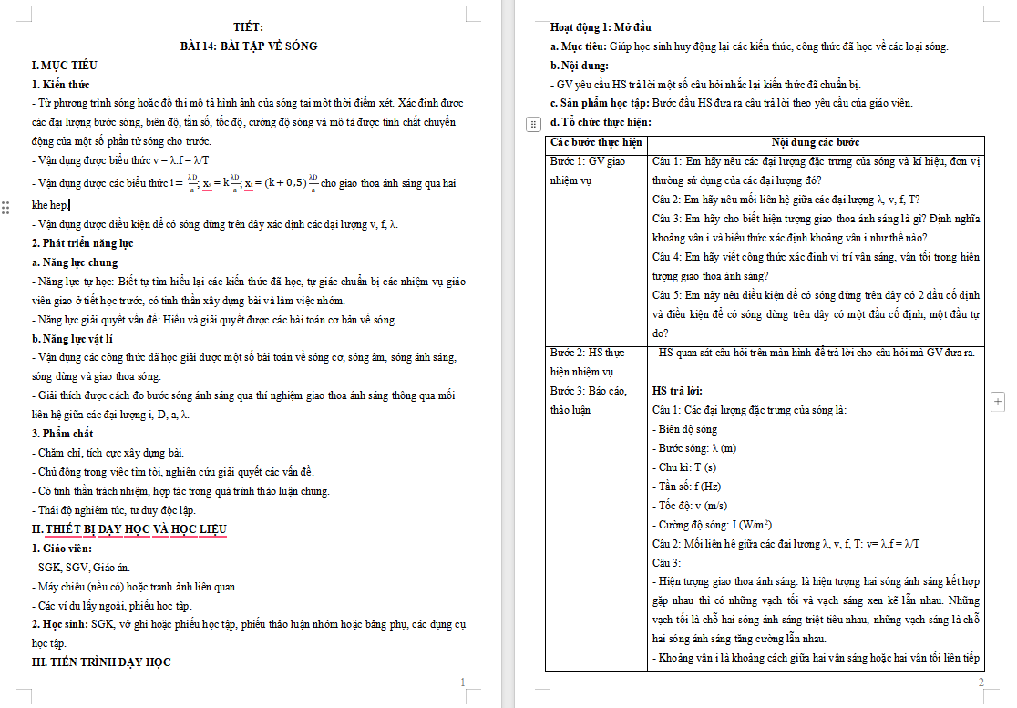 Giáo án Vật lí 11 Bài 14: Bài tập về sóng