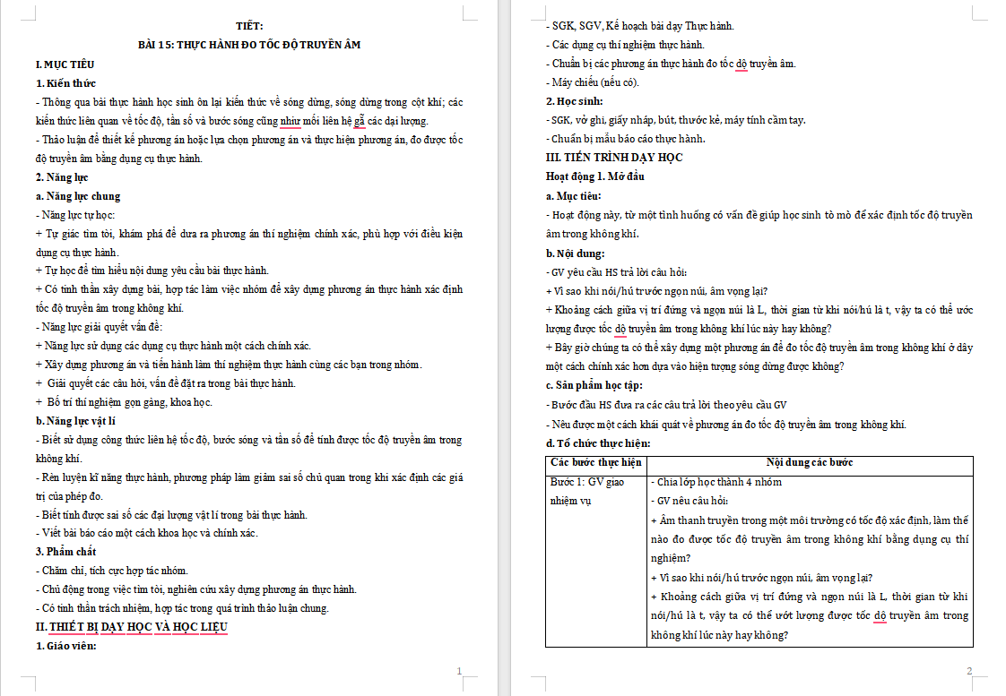 Giáo án Vật lí 11 Bài 15: Thực hành Đo tốc độ truyền âm