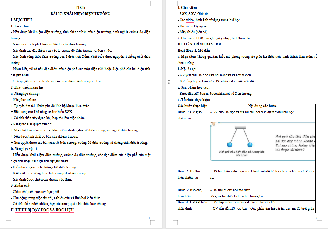 Giáo án Vật lí 11 Bài 17: Khái niệm điện trường