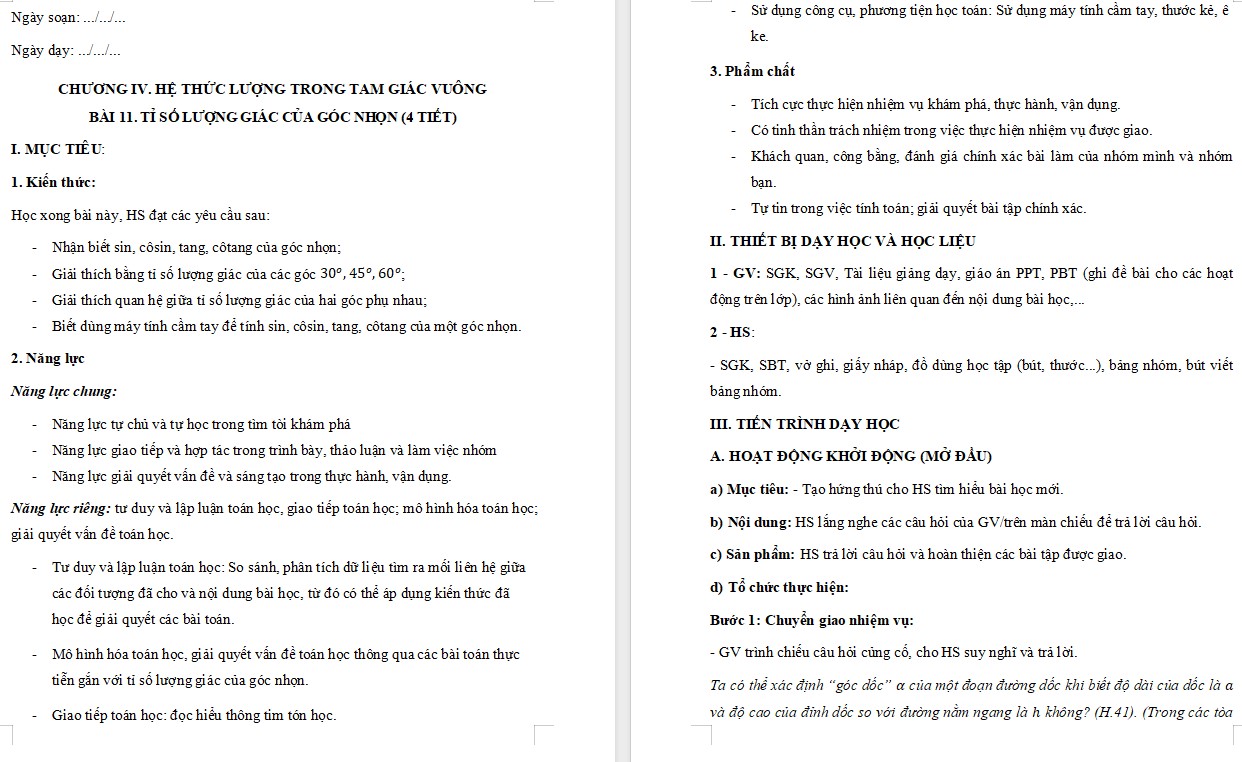 Giáo án Toán 9 KNTT Bài 11: Tỉ số lượng giác của góc nhọn