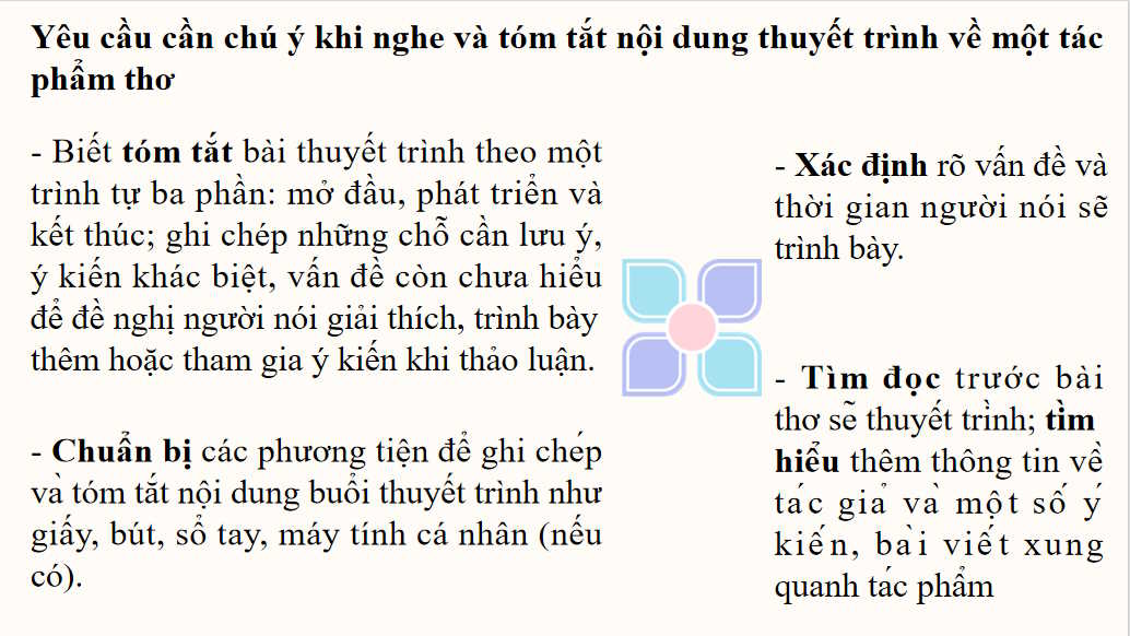 Giáo án PowerPoint Ngữ văn 8 Bài 7: Nghe và tóm tắt nội dung thuyết trình về một tác phẩm thơ