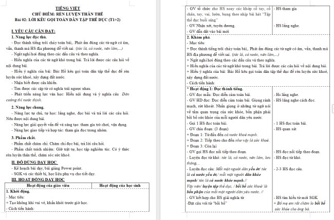 Giáo án Tiếng Việt 3 Bài 8: Lời kêu gọi toàn dân tập thể dục