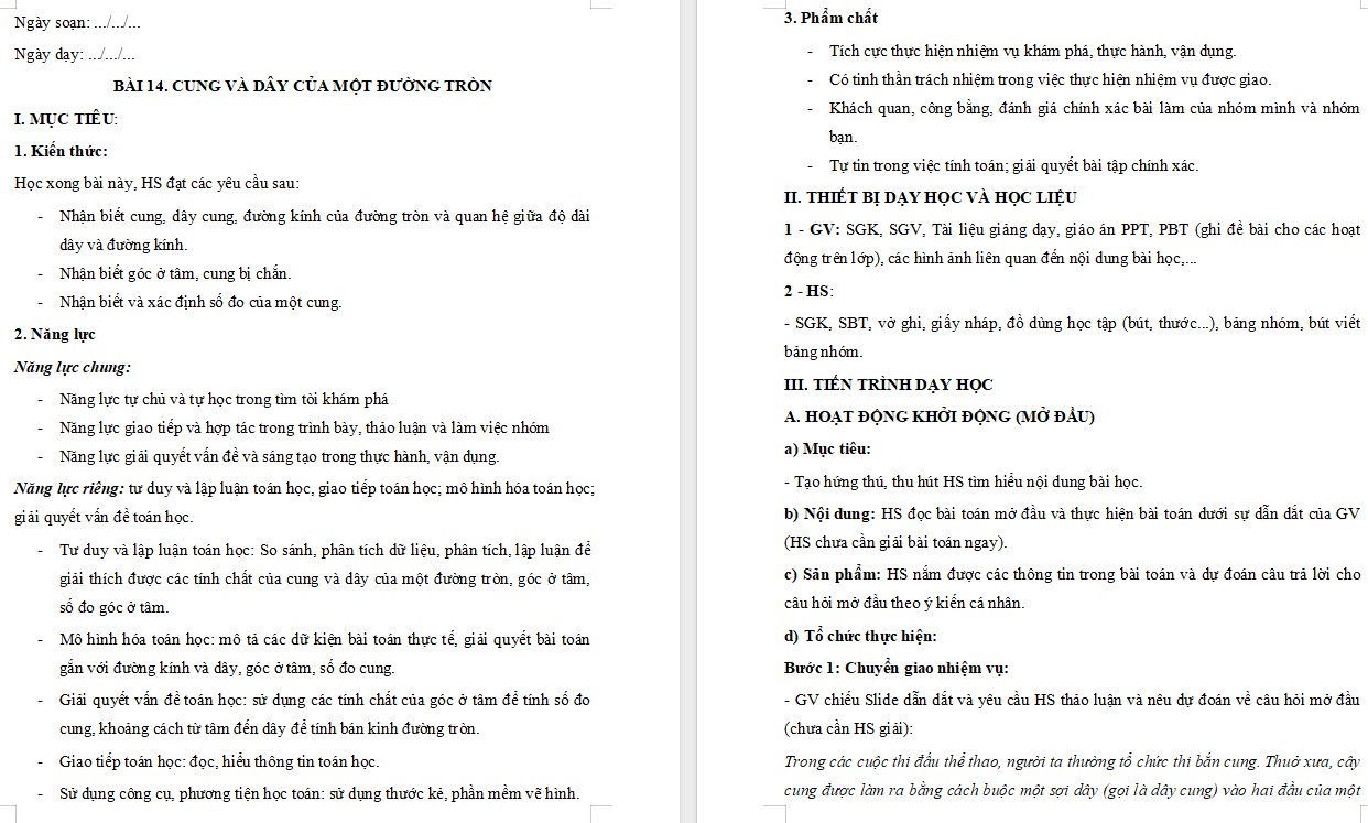 Giáo án Toán 9 KNTT Bài 14: Cung và dây của một đường tròn