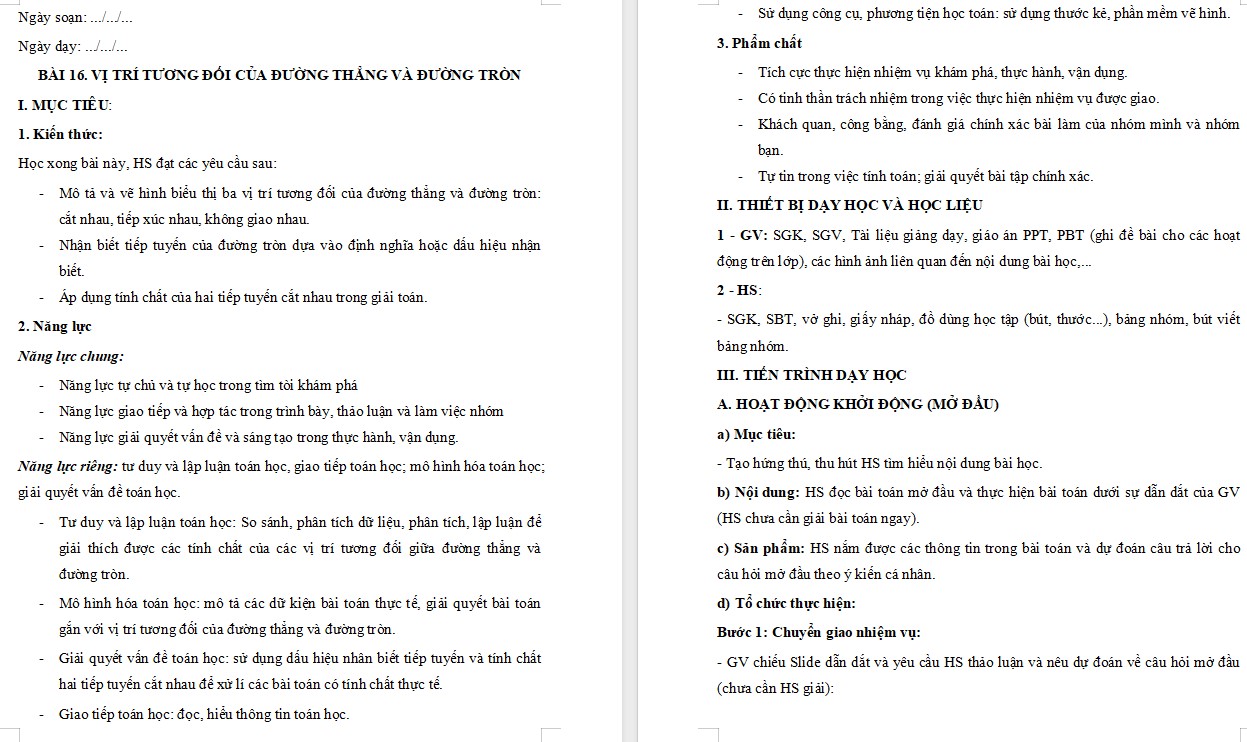 Giáo án Toán 9 KNTT Bài 16: Vị trí tương đối của đường thẳng và đường tròn