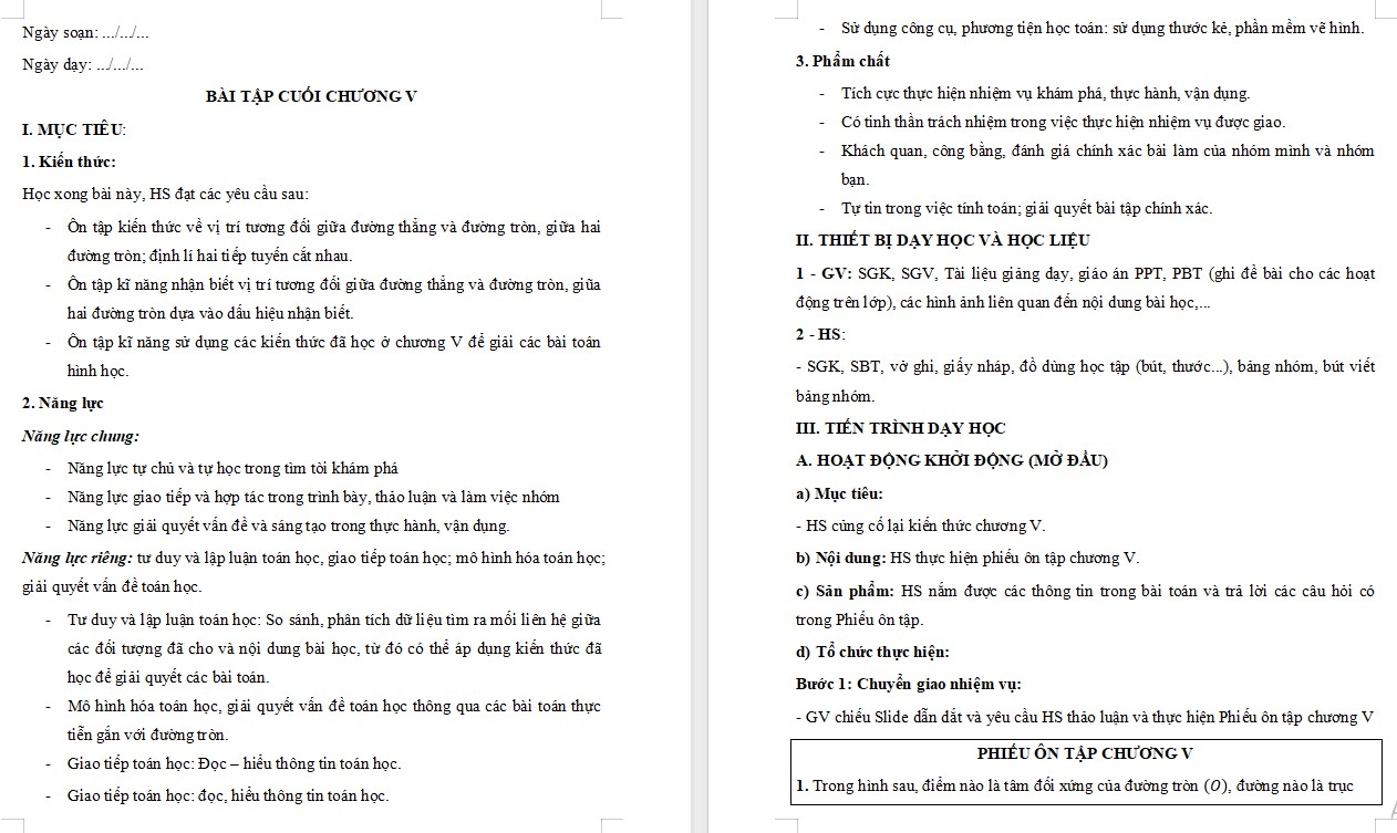 Giáo án Toán 9 KNTT Bài Ôn tập Chương 5