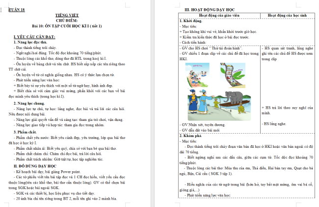 Giáo án Tiếng Việt 3 Bài 10: Ôn tập cuối học kì I (Tiết 1)