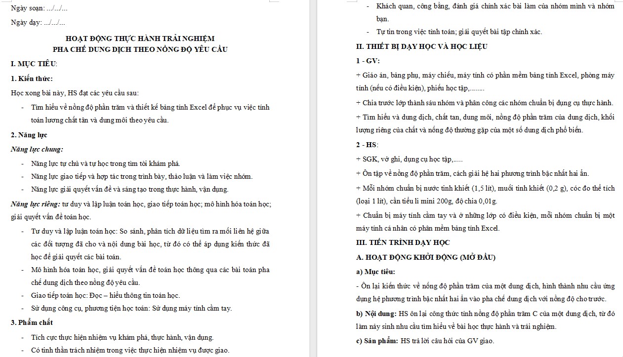 Giáo án Toán 9 KNTT Bài Pha chế dung dịch theo nồng độ yêu cầu