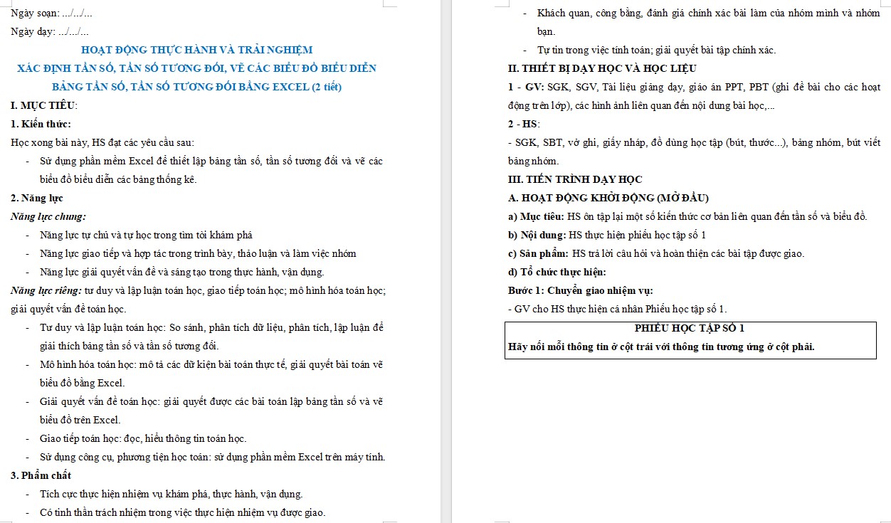 Giáo án Toán 9 KNTT Bài Xác định tần số, tần số tương đối, vẽ các biểu đồ biểu diễn bảng tần số, tần số tương đối bằng Excel
