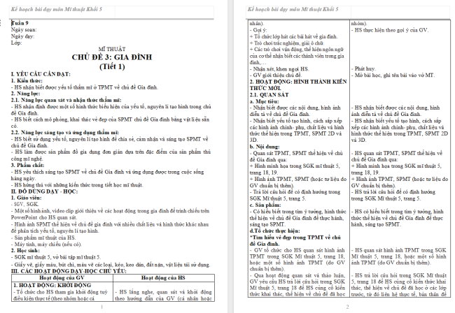 Giáo án Mĩ thuật 5 Chủ đề 3: Gia đình