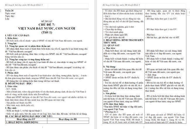Giáo án Mĩ thuật 5 Chủ đề 7: Việt Nam đất nước, con người