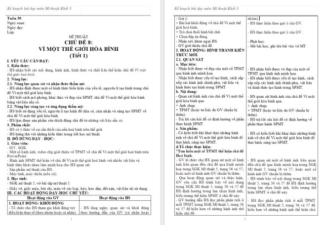 Giáo án Mĩ thuật 5 Chủ đề 8: Vì một thế giới hoà bình