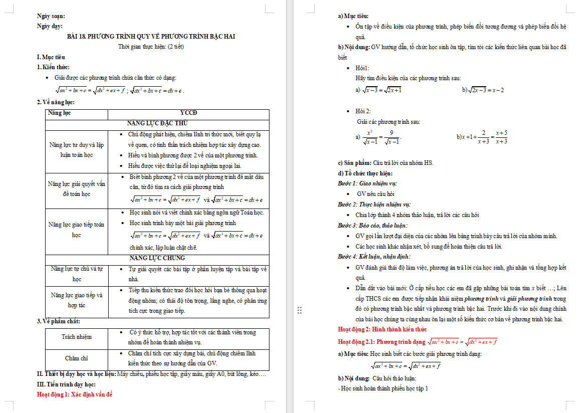 Toán 10 Bài 18: Phương trình quy về phương trình bậc hai
