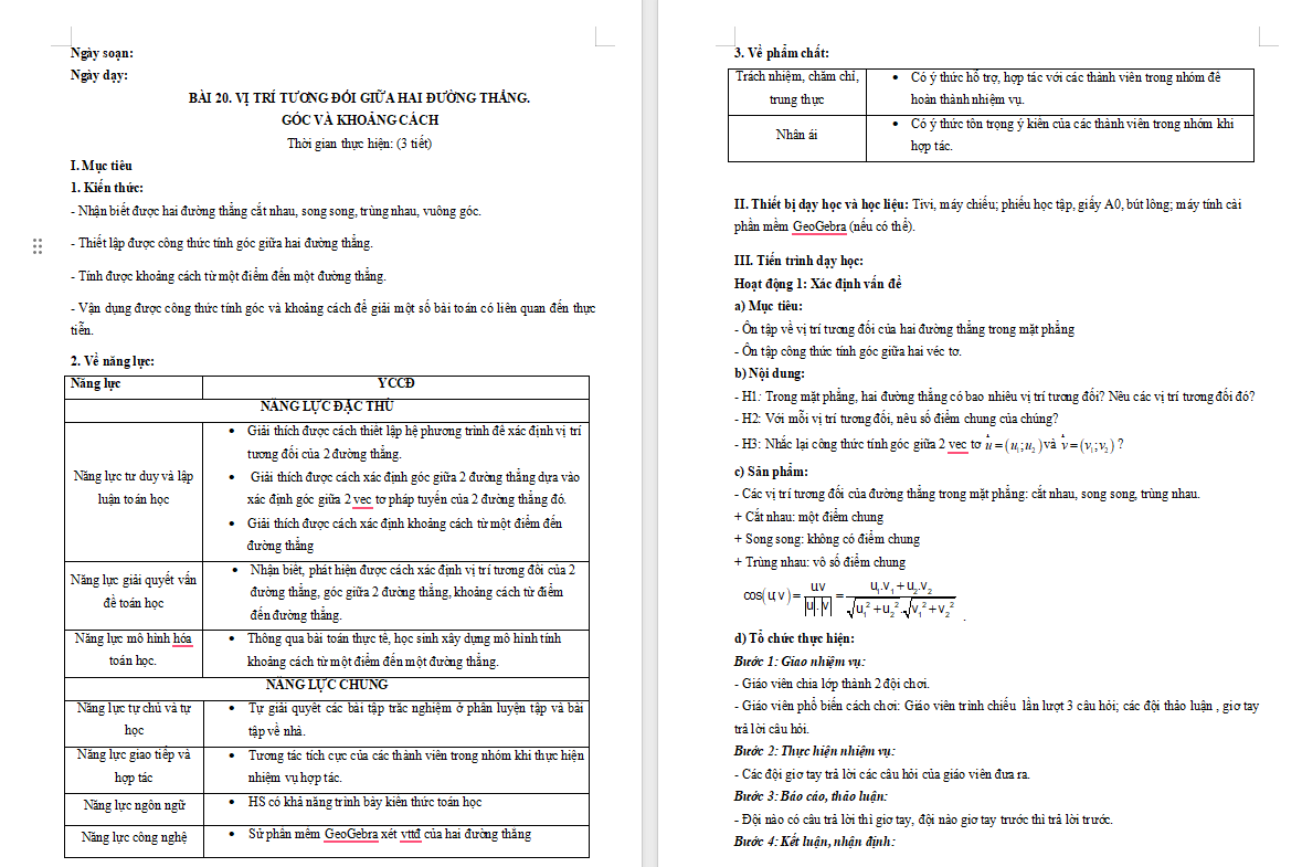 Toán 10 Bài 20: Vị trí tương đối giữa hai đường thẳng Góc và khoảng cách