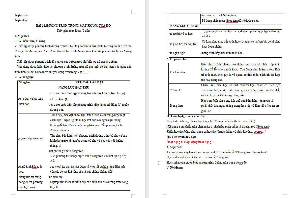 Toán 10 Bài 21: Đường tròn trong mặt phẳng tọa độ