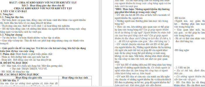 Giáo án Hoạt động trải nghiệm 2 Chia sẻ khó khăn với người khuyết tật