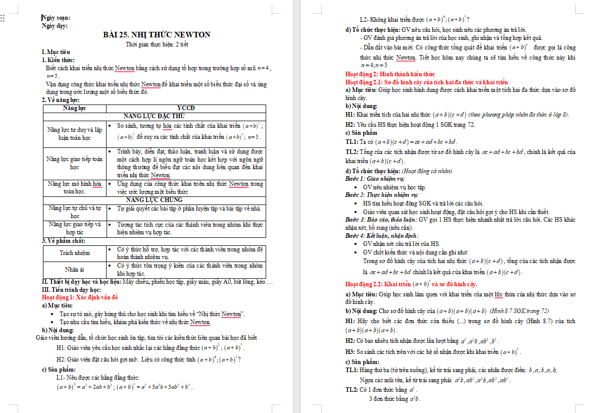 Giáo án Toán 10 Bài 25: Nhị thức Newton
