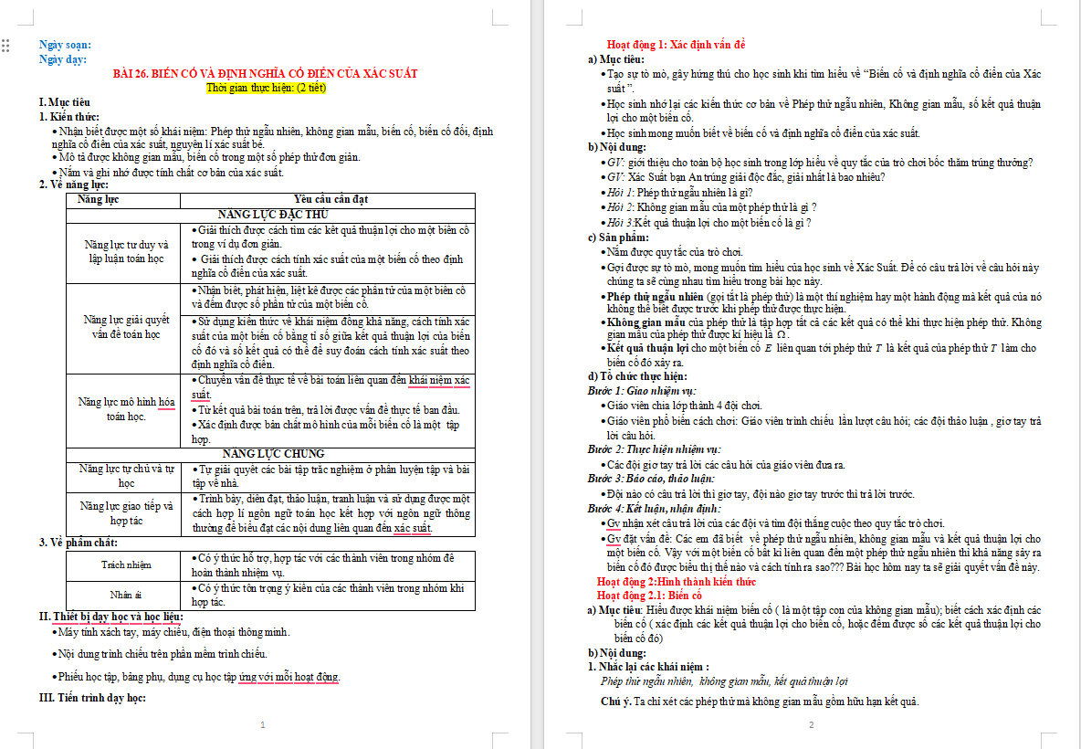 Giáo án Toán 10 Bài 26: Biến cố và định nghĩa cổ điển của xác suất