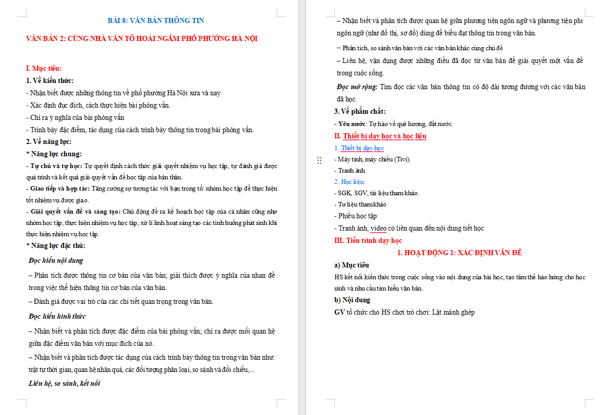 Giáo án Ngữ văn 9 Bài 8: Cùng nhà văn Tô Hoài ngắm phố phường Hà Nội
