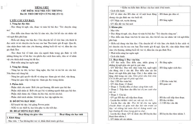Giáo án Tiếng Việt 3 Bài 20: Trò chuyện cùng mẹ