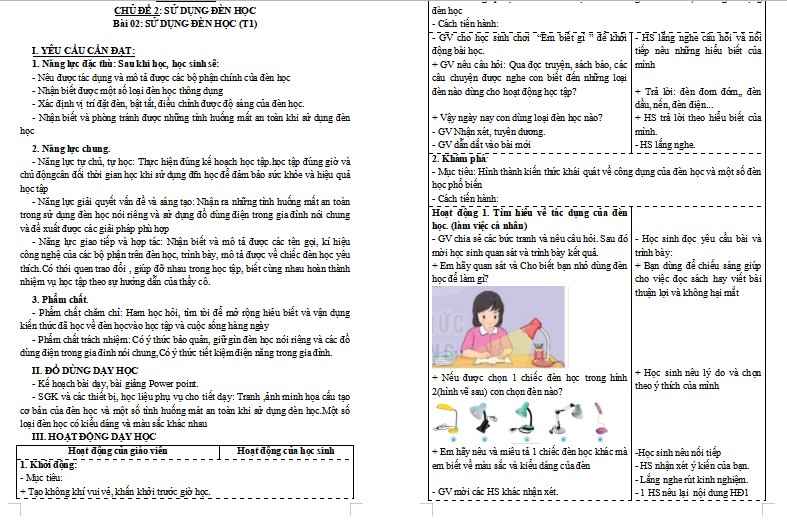 Giáo án Công nghệ 3 Bài 2: Sử dụng đèn học