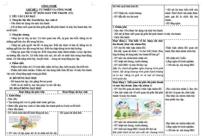 Giáo án Công nghệ 3 Bài 4: Sử dụng máy thu thanh