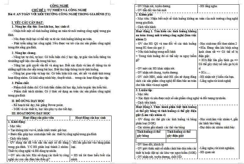 Giáo án Công nghệ 3 Bài 6: An toàn với môi trường công nghệ trong gia đình
