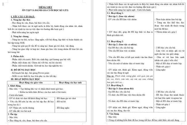 Giáo án Tiếng Việt 3 Ôn tập cuối học kì 1 (Tiết 3, 4)