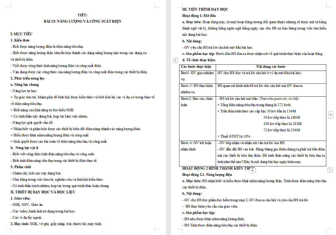 Giáo án Vật lí 11 Bài 25: Năng lượng và công suất điện