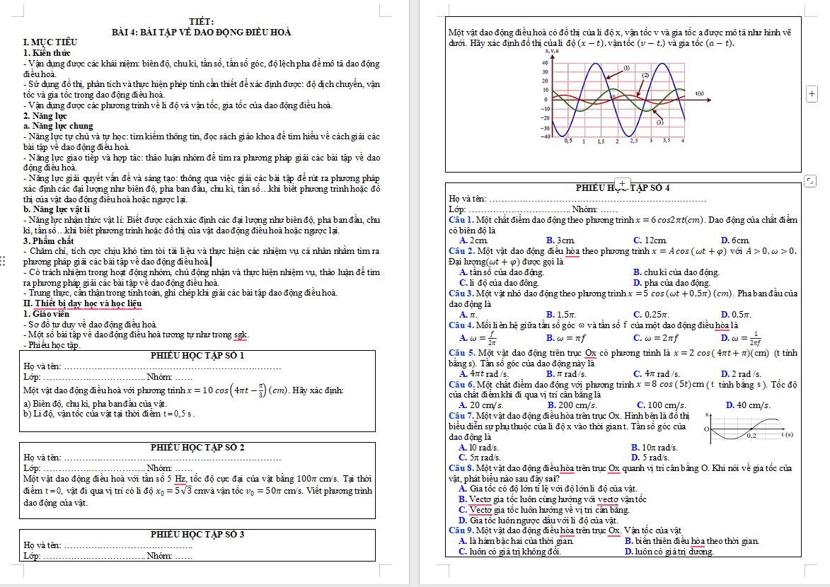Giáo án Vật lí 11 Bài 4: Bài tập về dao động điều hòa