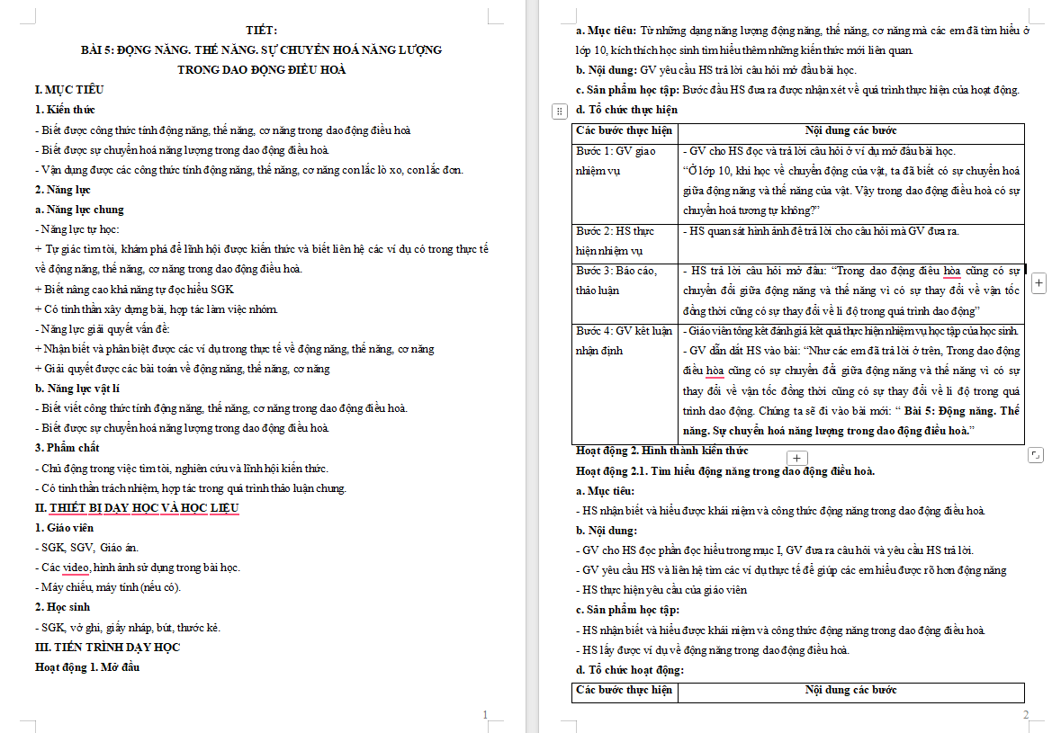 Giáo án Vật lí 11 Bài 5: Động năng Thế năng Sự chuyển hoá năng lượng trong dao động điều hòa