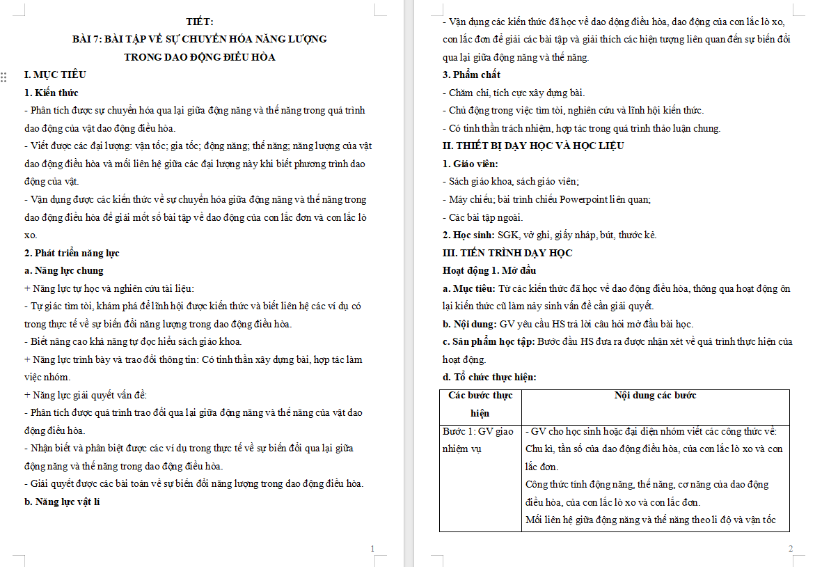 Giáo án Vật lí 11 Bài 7: Bài tập về sự chuyển hoá năng lượng trong dao động điều hòa