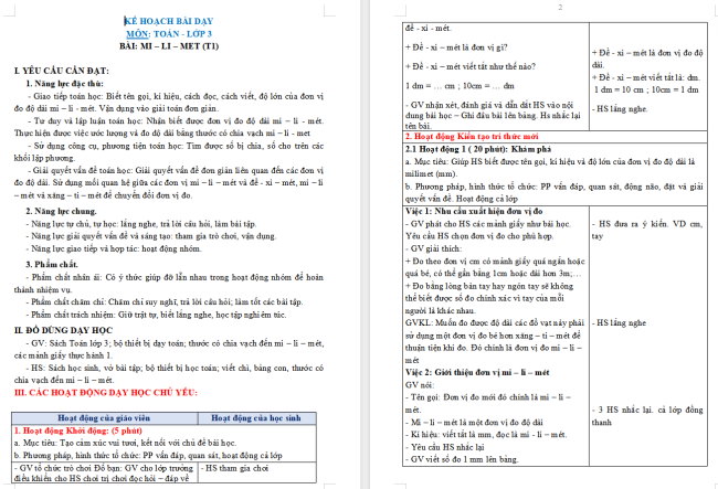 Giáo án Toán 3: Mi-li-mét