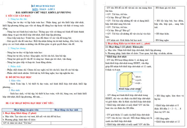 Giáo án Toán 3: Khối hộp chữ nhật. Khối lập phương