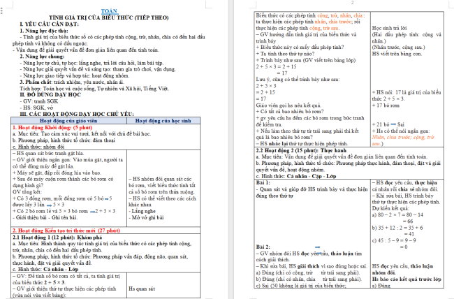 Giáo án Toán 3: Tính giá trị của biểu thức (tiếp theo) trang 34